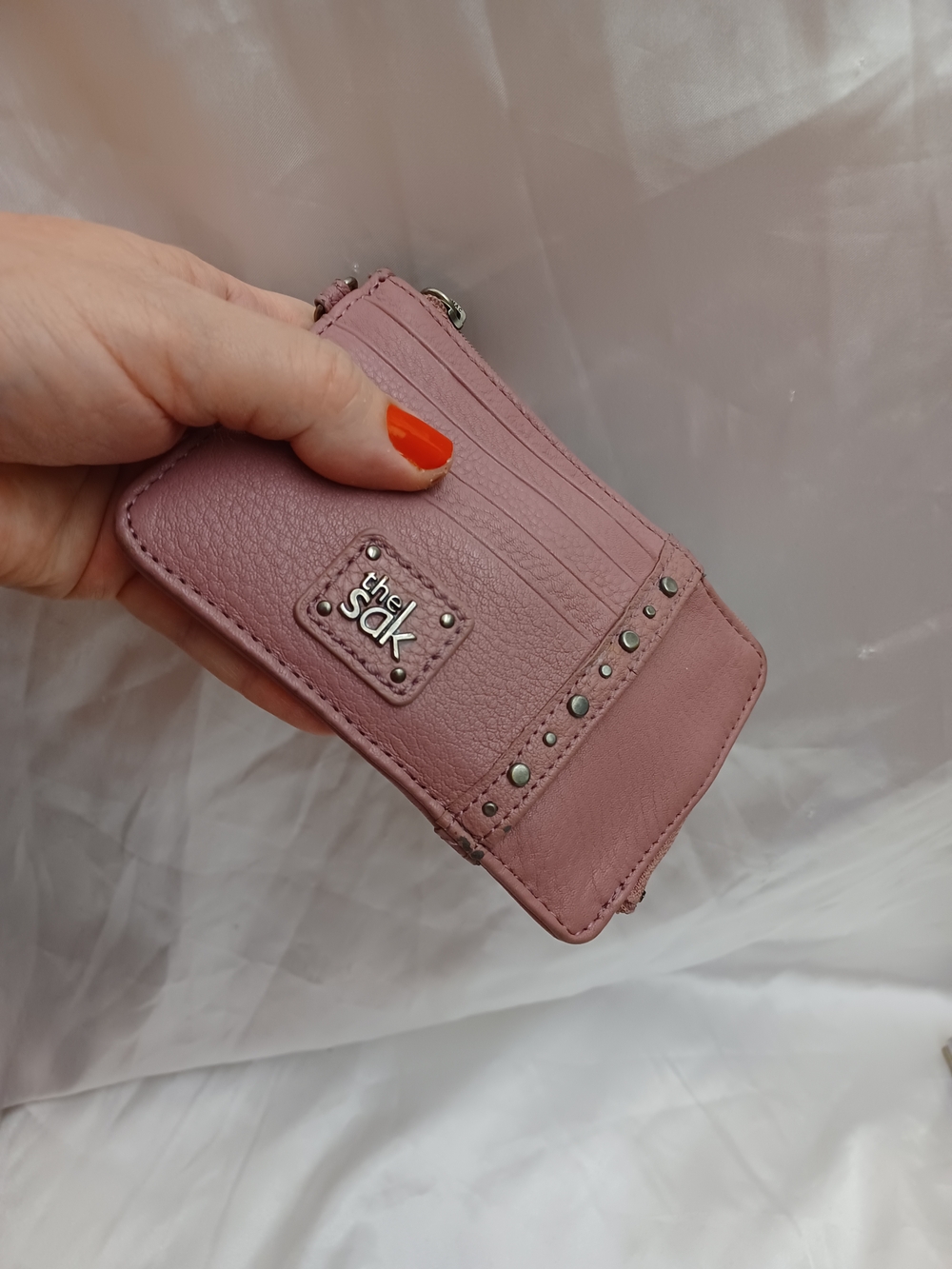 The Sak Pink Wristlet Card Case with Stud Accents Wallet Purse Leather ID CARD